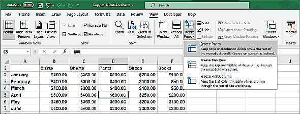 Panneaux de gel Excel