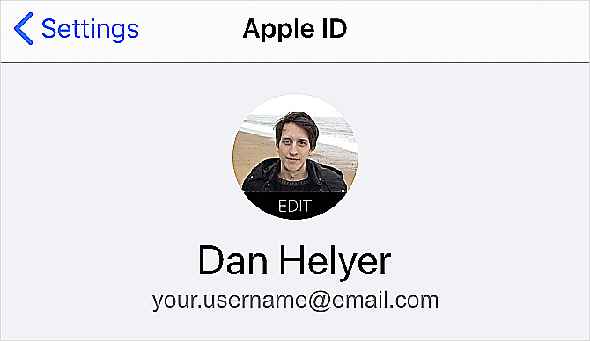 Paramètres Apple iPhone ID indiquant l'adresse e-mail du nom d'utilisateur