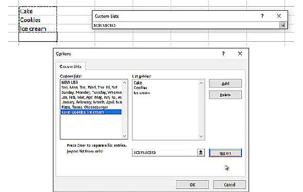 Cellules d'importation de liste personnalisée Excel