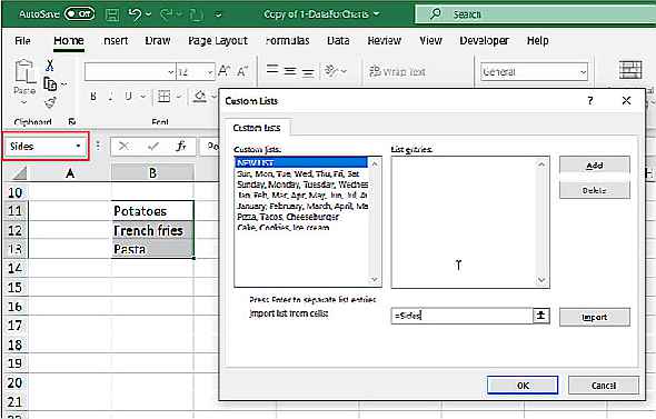 Cellules nommées d'importation de liste personnalisée Excel