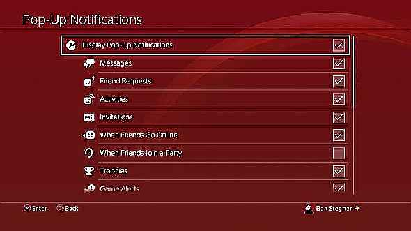 Options de notification PS4