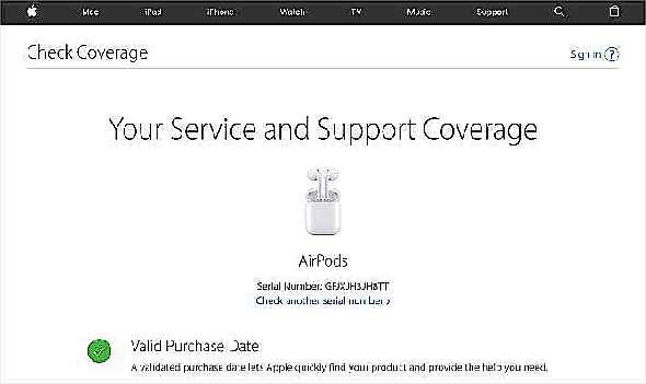 Pomme's Check Coverage website showing valid AirPods serial number