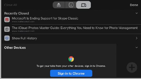 onglets sur d'autres appareils en chrome sur iphone