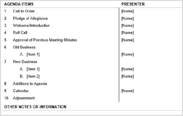Modèle d'ordre du jour de réunion de comité basé sur la table Vertex42