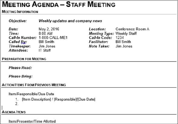 Vertex42 Meeting Ordre du jour d'une réunion du personnel