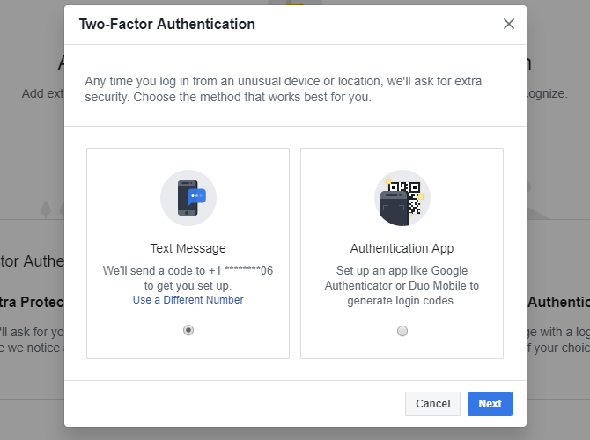 Choisissez la méthode que vous souhaitez utiliser pour Facebook's two-factor authentication.