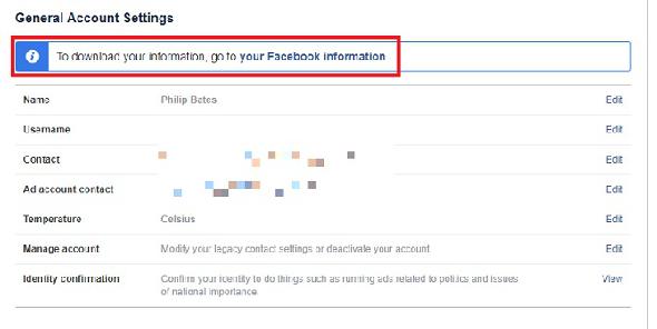 Les paramètres généraux du compte Facebook vous permettent de télécharger toutes les informations personnelles.