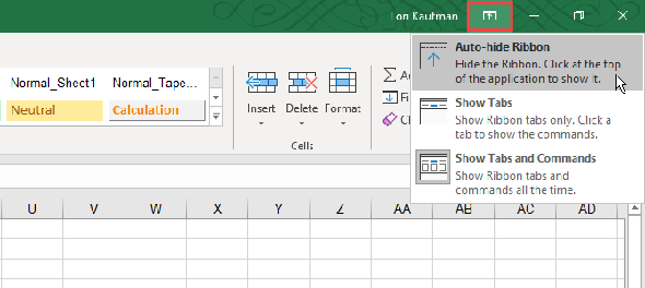 Menu Options d'affichage du ruban sur le ruban Excel