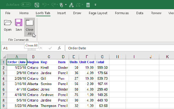 Onglet personnalisé avec des commandes sur le ruban Excel