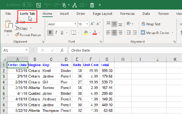 Onglet personnalisé déplacé sur le ruban Excel