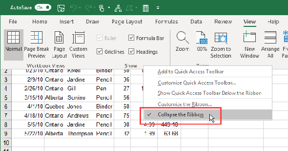 Réduire l'option de ruban du menu contextuel du ruban Excel
