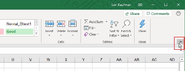 Réduisez le ruban à l'aide du bouton fléché haut situé à droite du ruban Excel.