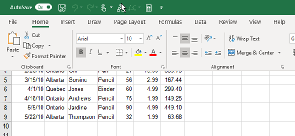 Ruban Excel déposé sur la feuille de calcul