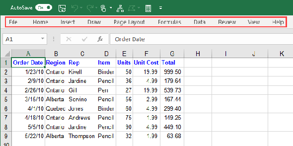 Ruban Excel réduit avec onglets