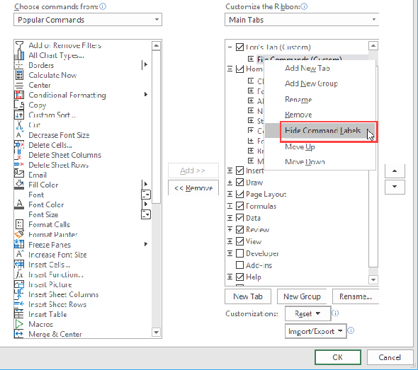 Sélectionnez Masquer les étiquettes de commande pour le ruban Excel dans la boîte de dialogue Options Excel.