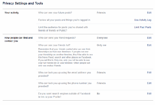écran des paramètres de confidentialité de facebook