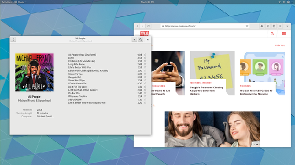 Bureau GNOME affichant des applications Web et de musique GNOME