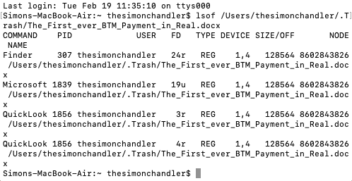 Écran du terminal montrant les applications utilisant un fichier dans la corbeille