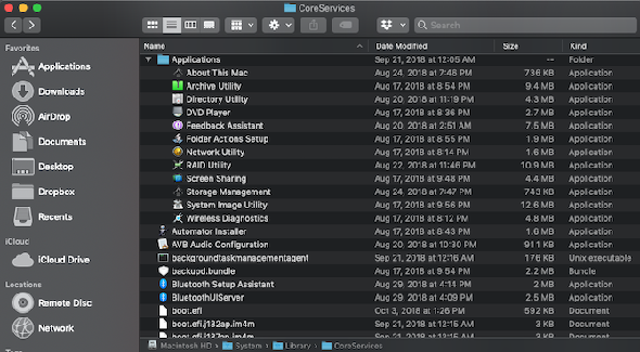 Le dossier CoreServices dans macOS