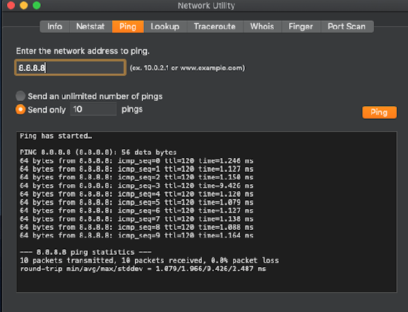 Le panneau Ping de Network Utility