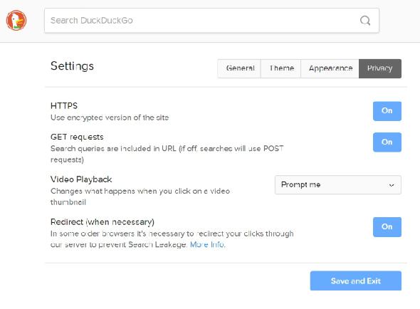 Moteur de recherche de paramètres de confidentialité DuckDuckGo