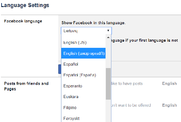 option de langue à l'envers facebook